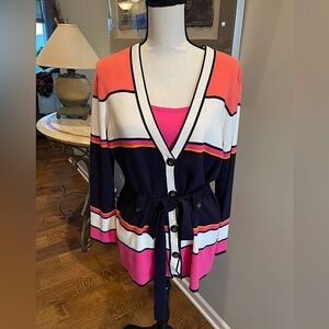 EUC Dana Buchman Belted V-Neck Cardigan, Navy/Cream/Fuchsia/Melon, Size Large, $